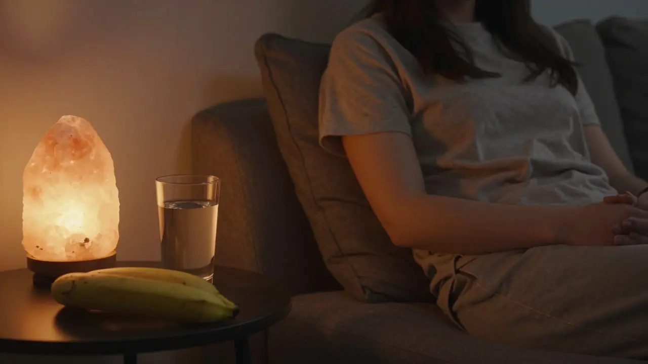 Ruhige Person auf dem Sofa mit Wasser und Banane