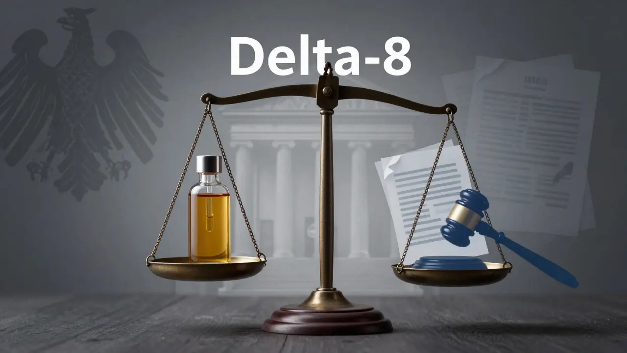 Symbolische Waage für rechtliche Lage von Delta-8 in Deutschland