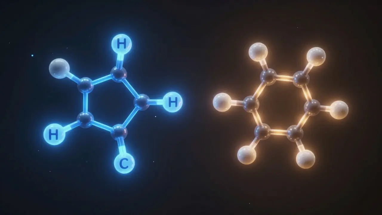 3D-Illustration der molekularen Unterschiede zwischen THC und HHC