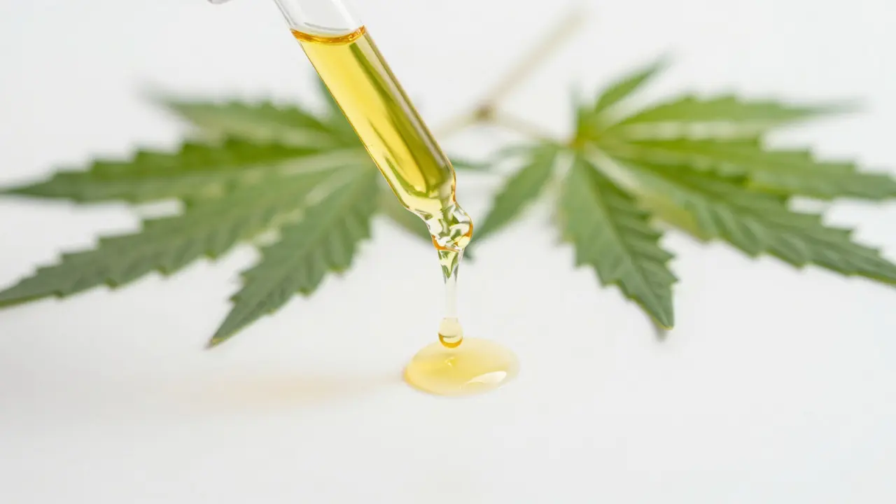 A single drop of golden CBD oil falling onto a white surface near hemp leaves