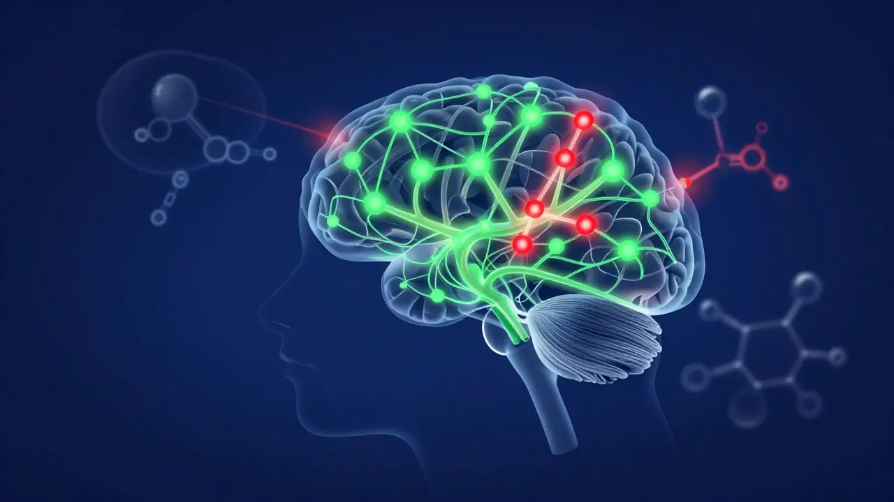Abstrakte Darstellung des Endocannabinoid-Systems im Hundehirn mit glühenden Neuronen