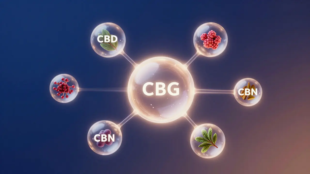 Abstrakte Darstellung des Entourage-Effekts mit verbundenen Cannabinoid-Molekülen