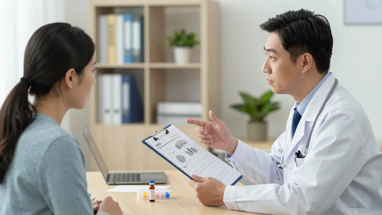 Arzt und Patient besprechen Laborwerte in einem modernen Wartezimmer