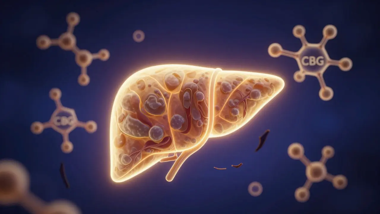 Conceptual art of CBG molecules protecting a glowing liver