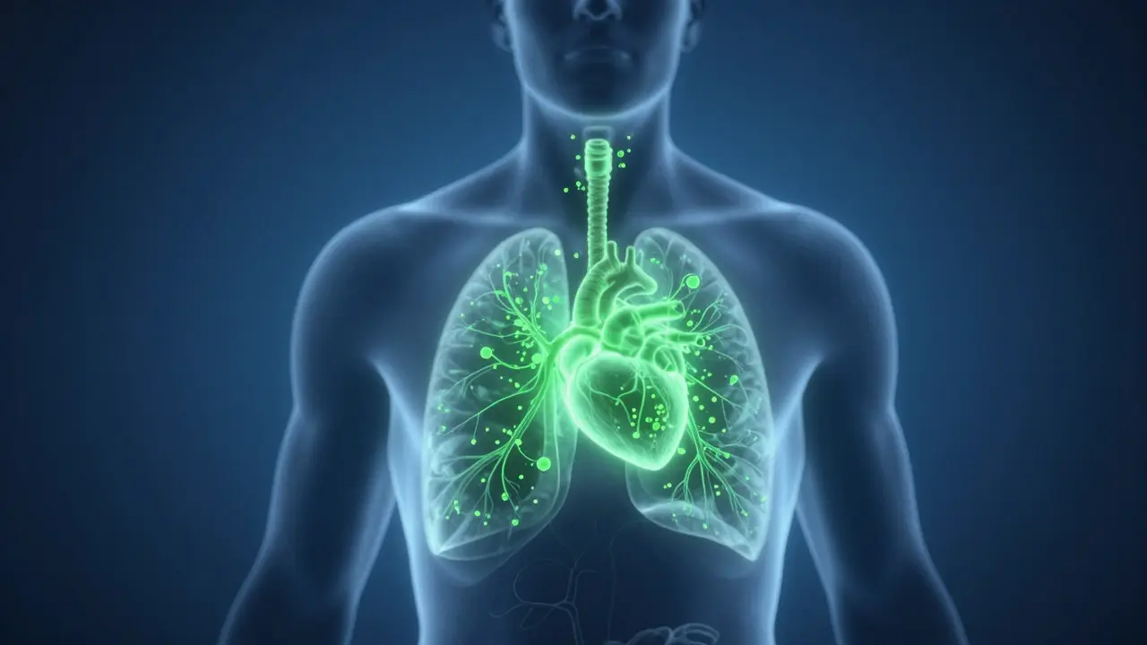 Conceptual illustration of CBD molecules traveling from lungs to bloodstream