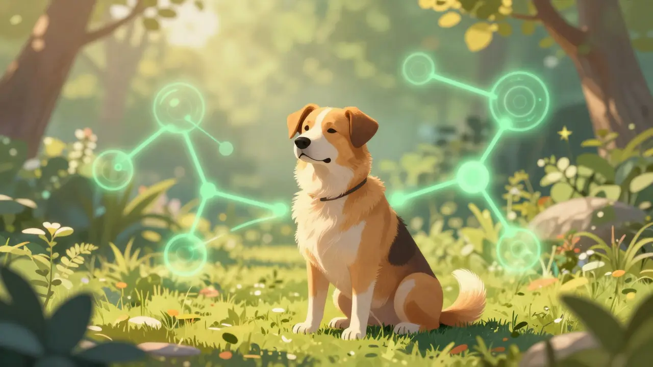 Entspannter Hund mit abstrakter Darstellung des Nervensystems