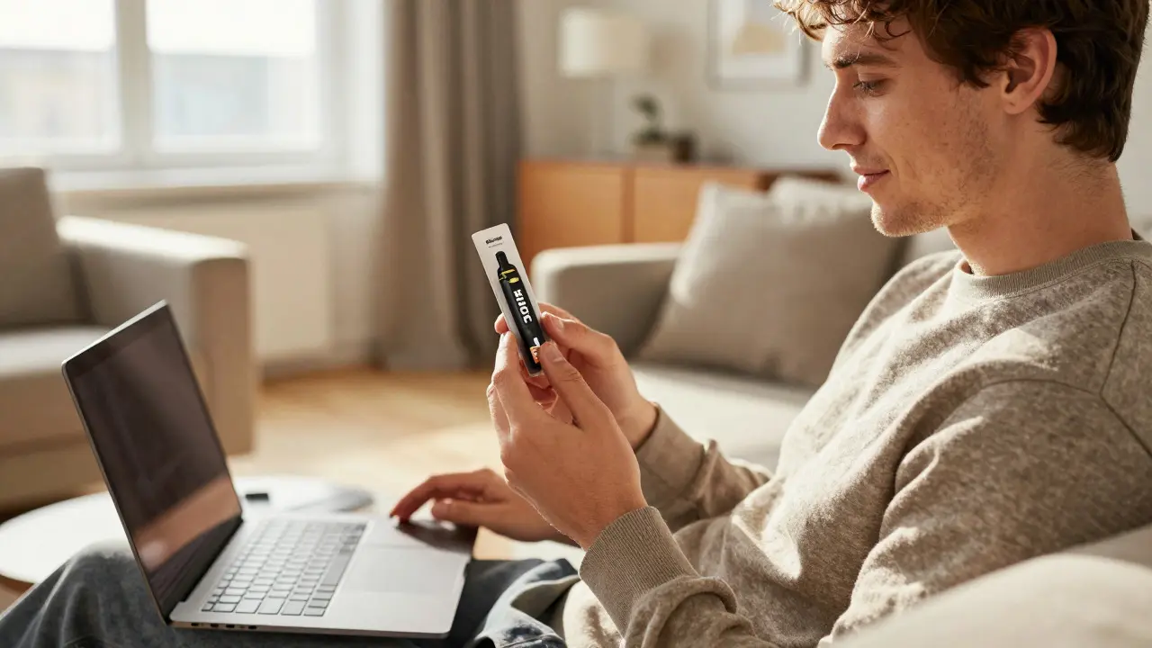 Erwachsener entspannt mit HHC-Vape-Stick im sonnigen Wohnzimmer
