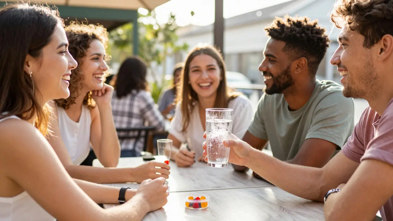 Freunde lachen im Café, einer trinkt alkoholfrei