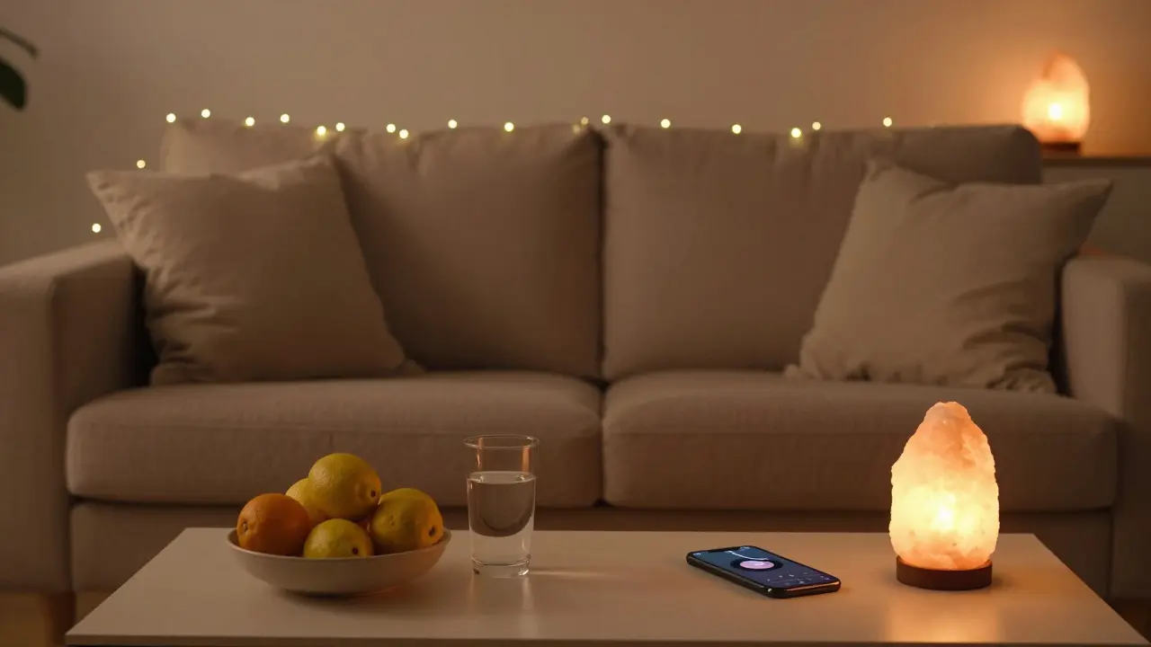 Gemütliches Wohnzimmer mit gedimmtem Licht, Zitrusfrüchten und Wasser zur Entspannung