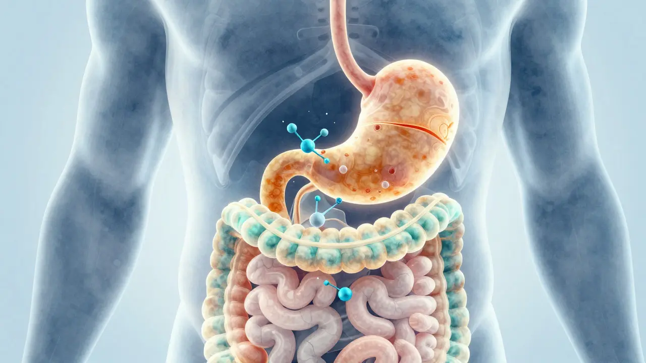Illustration showing CBD molecules moving through the digestive system