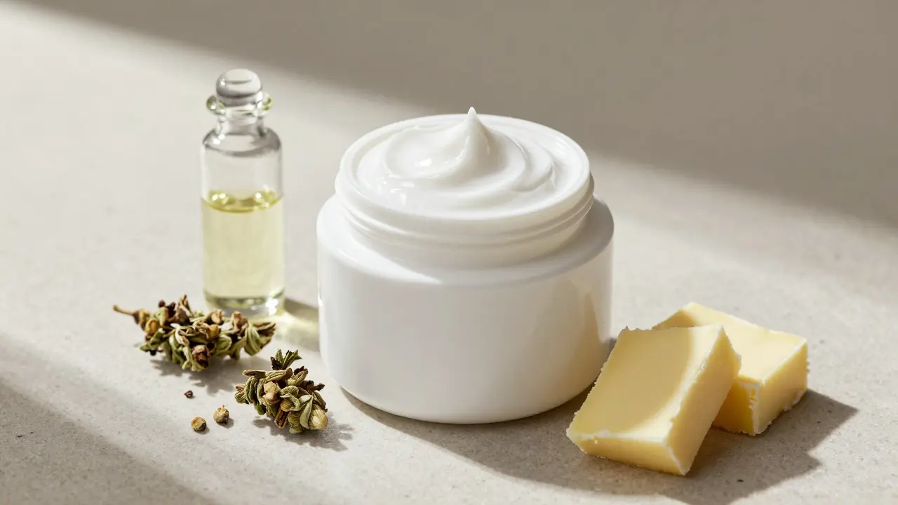 Luxuriöse Creme-Dose neben natürlichen Zutaten wie Hanf und Sheabutter
