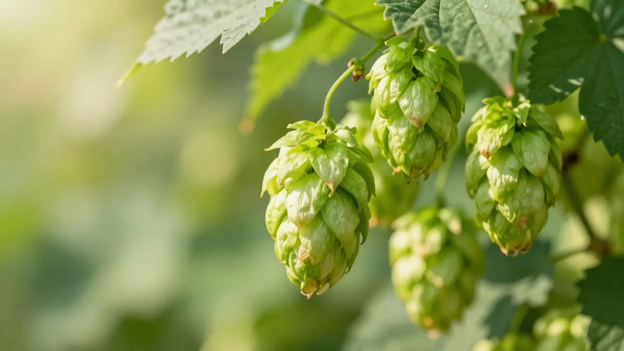 Makroaufnahme von frischen grünen Hopfenzapfen an einer Rebe