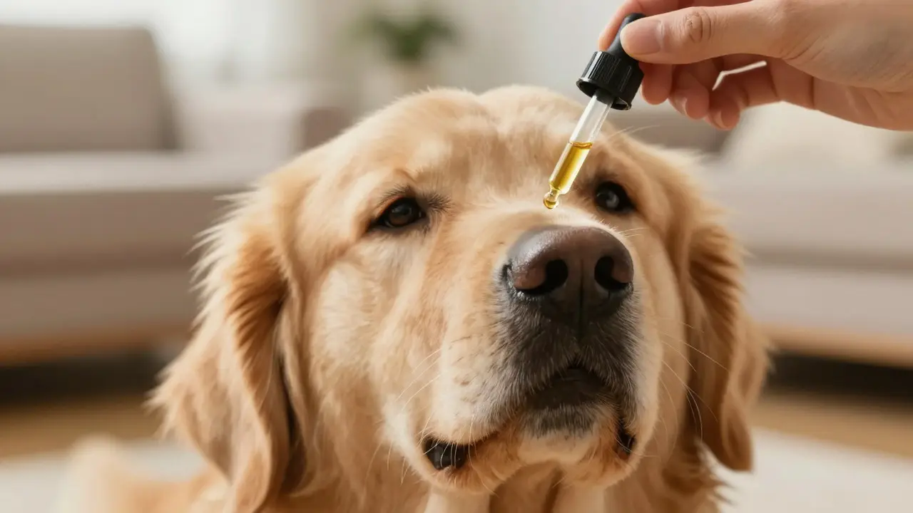 Nahaufnahme: Hund erhält beruhigendes CBD-Öl per Pipette