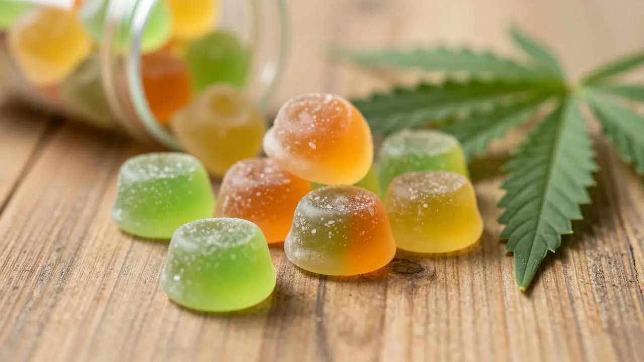 Nahaufnahme von Cannabis-Gummibärchen und Hanfblättern