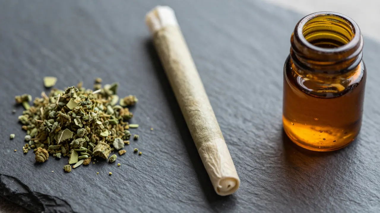 Nahaufnahme von Shake, Pre-Roll und Haschöl auf dunklem Untergrund