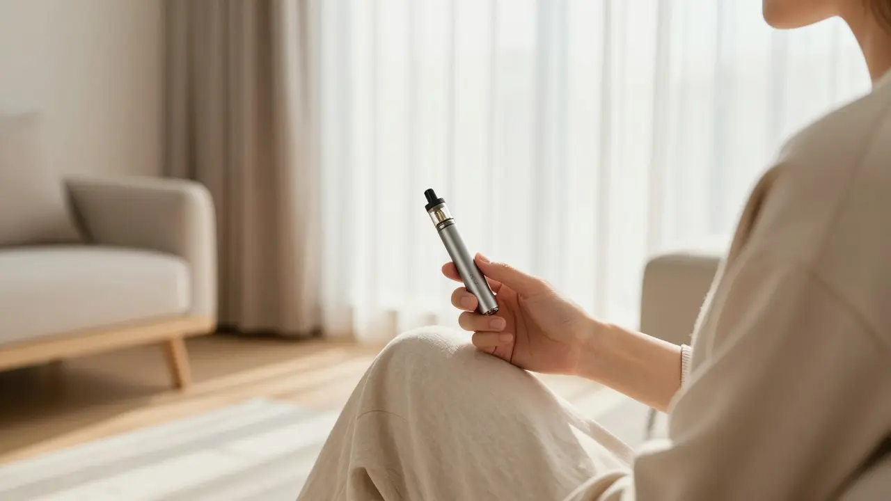Person entspannt mit Vape-Pen in einem hellen, modernen Wohnzimmer