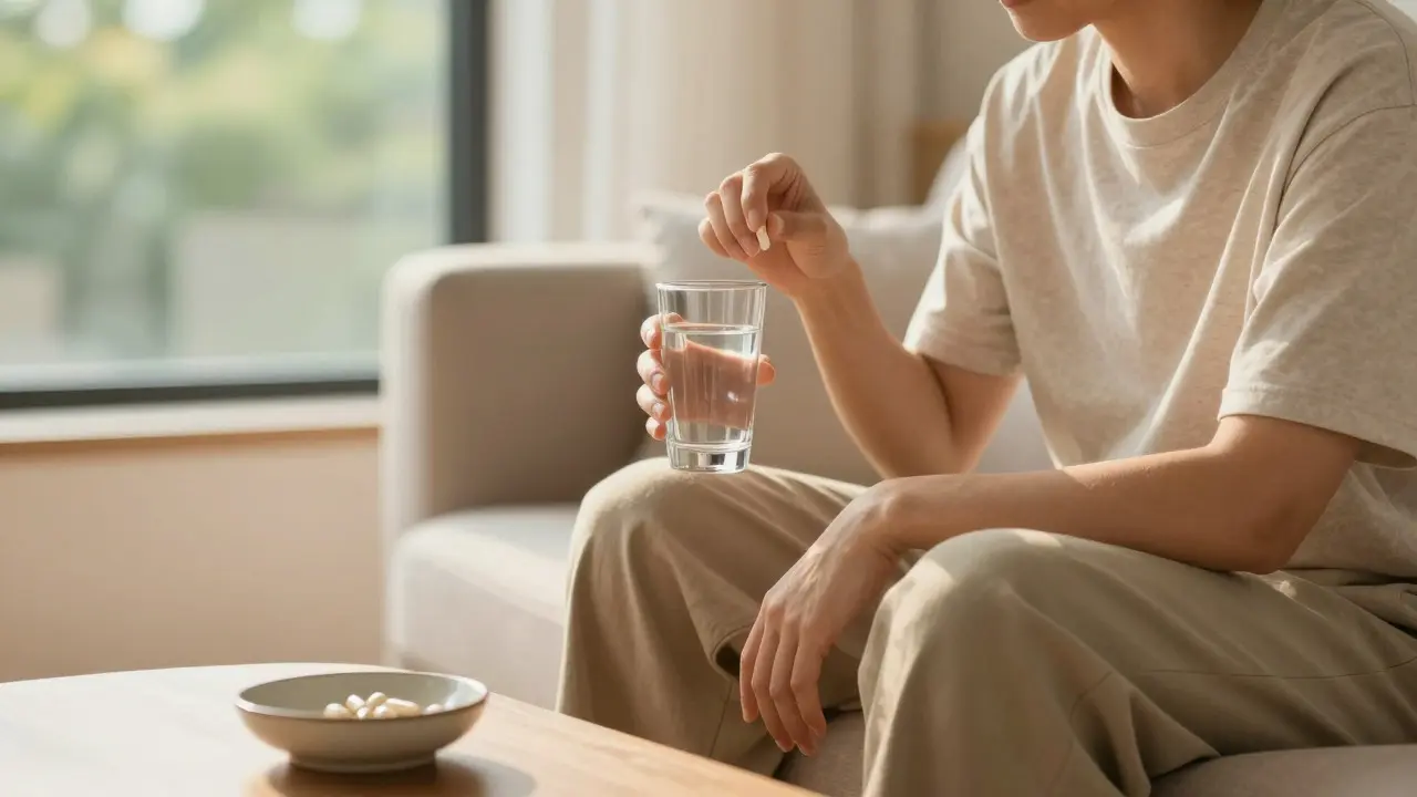Person nimmt entspannt eine CBD-Kapsel mit Wasser in hellem Wohnzimmer ein.