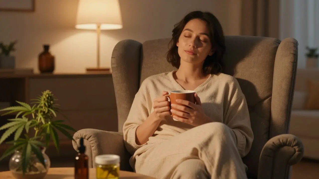Person relaxing in a cozy chair with a mug and cannabis leaves nearby