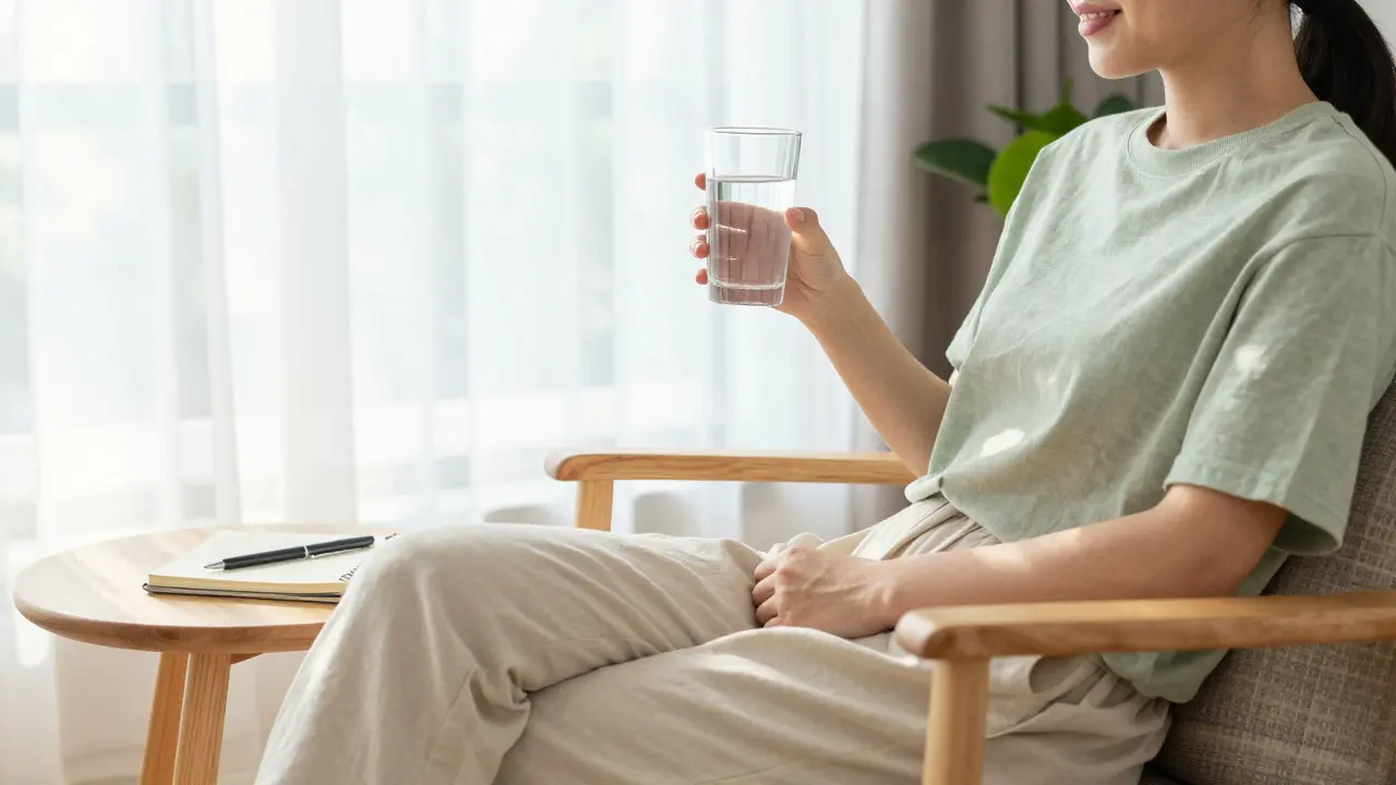 Person relaxing in an armchair with a glass of water and a notebook nearby
