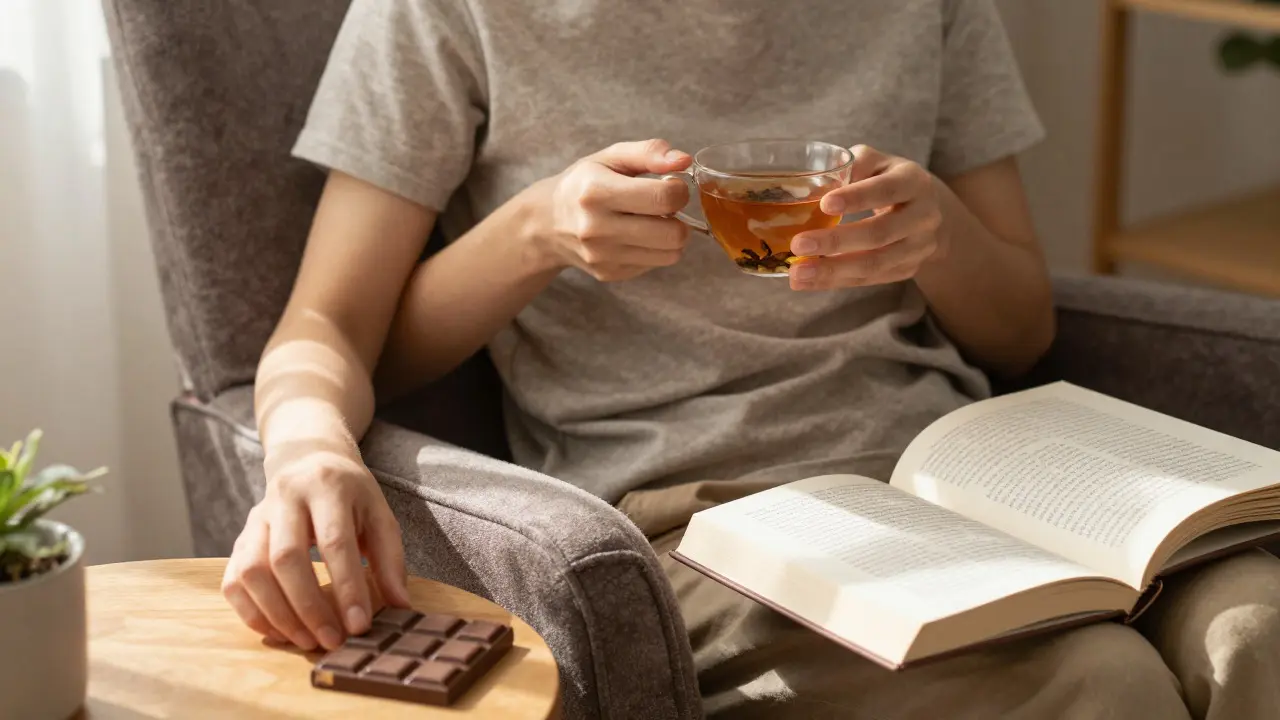 Person relaxing in an armchair with tea and chocolate nearby