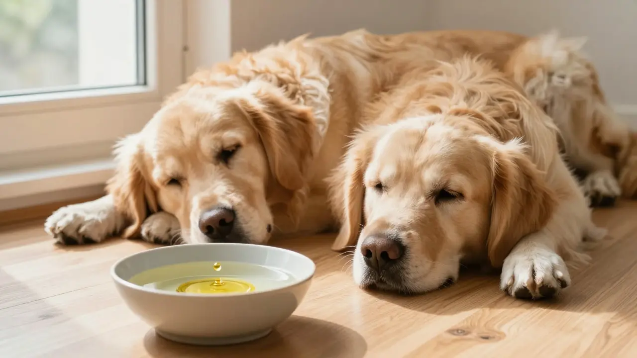 Ruhiger Golden Retriever liegt entspannt neben einem Wasserglas mit Öl-Tropfen