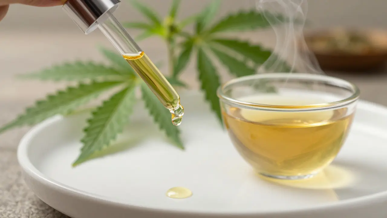 Tropfen CBD-Öl neben einer Tasse Tee und Hanfblatt im Hintergrund