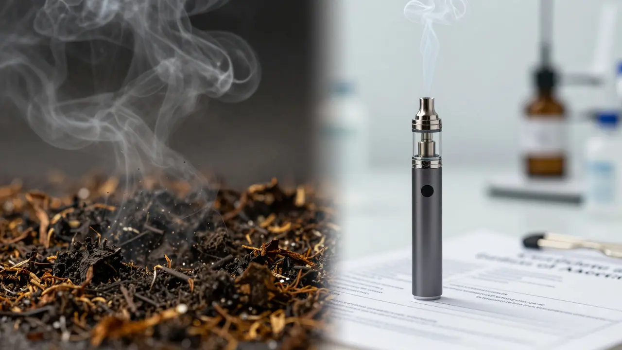 Vergleich von Rauch und sauberem Vape-Dampf mit Qualitätszertifikat im Hintergrund