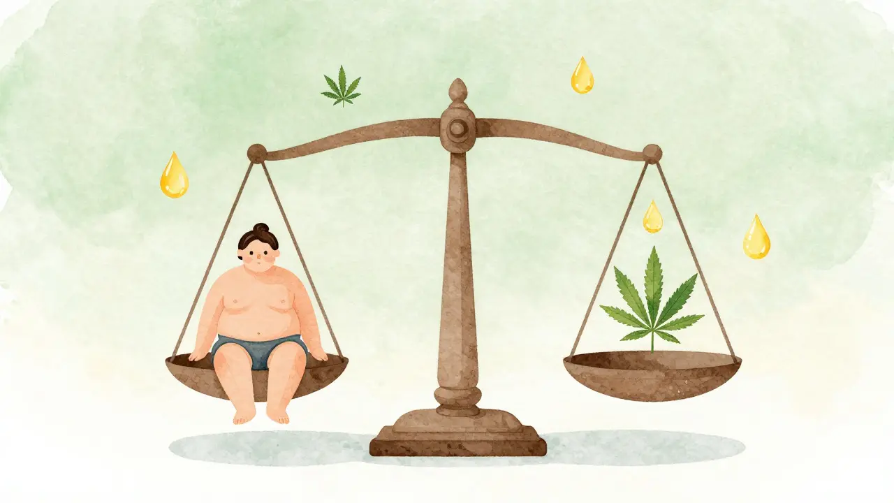 Wasserfarben-Illustration einer Waage, die Körpergewicht und CBD ausgleicht