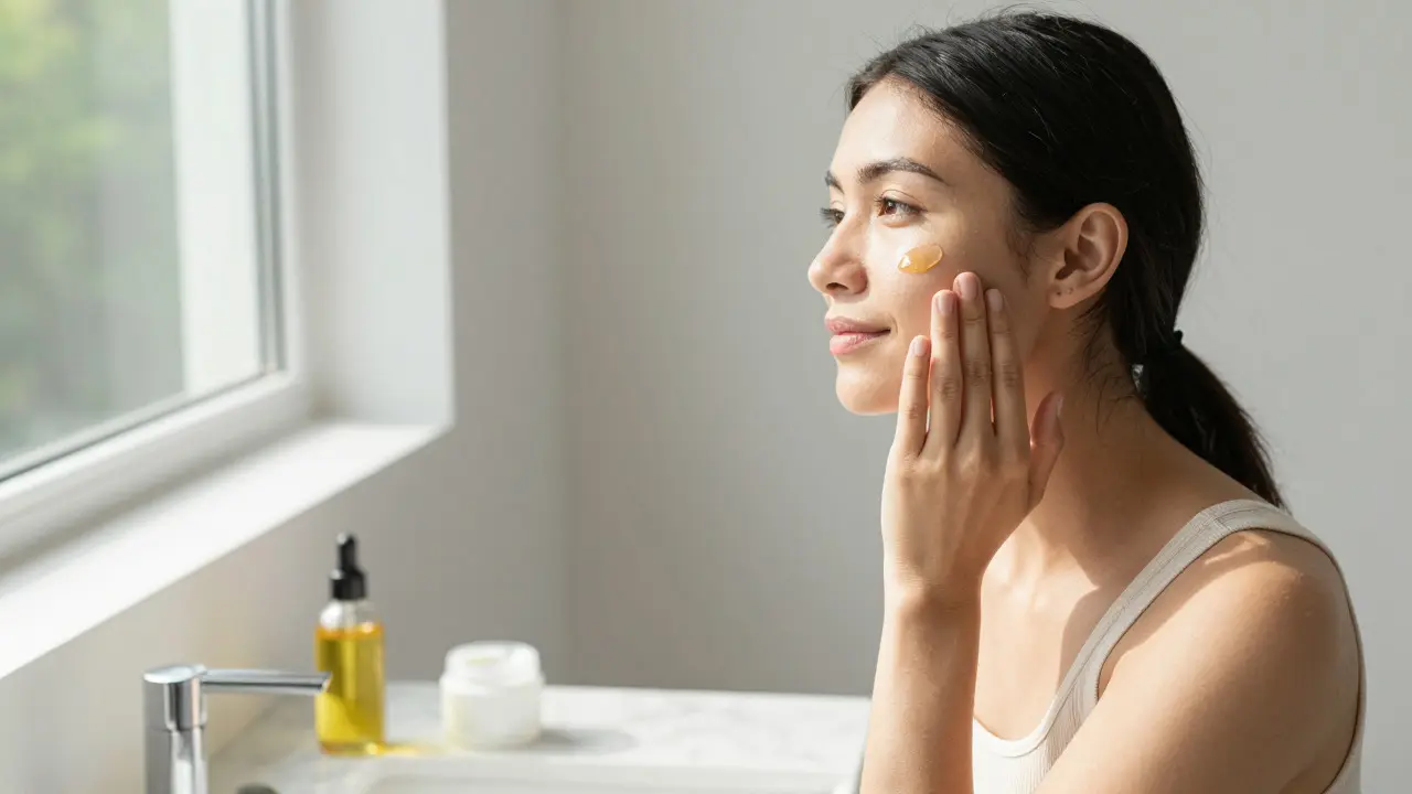 Woman gently applying skincare oil to her cheek in a bright bathroom